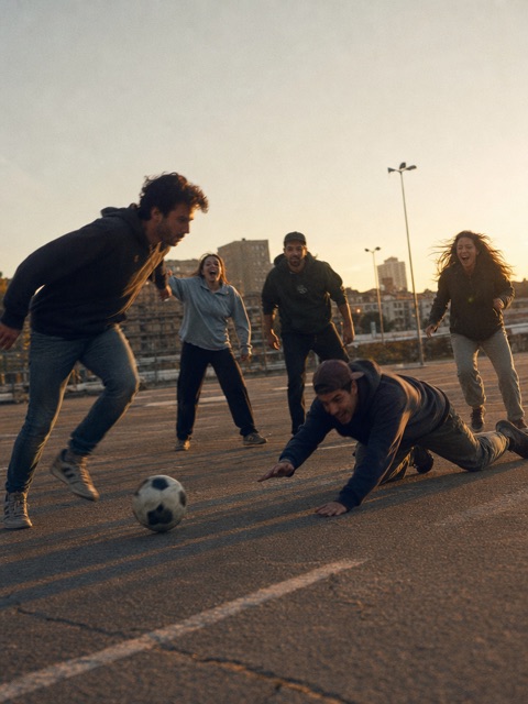 Friends playing pickup soccer on a lot at sunset