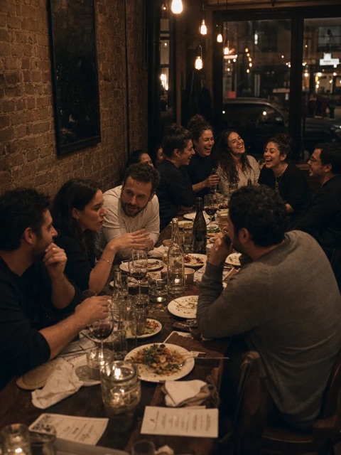 A packed table of friends mid-laugh over dinner at a restaurant